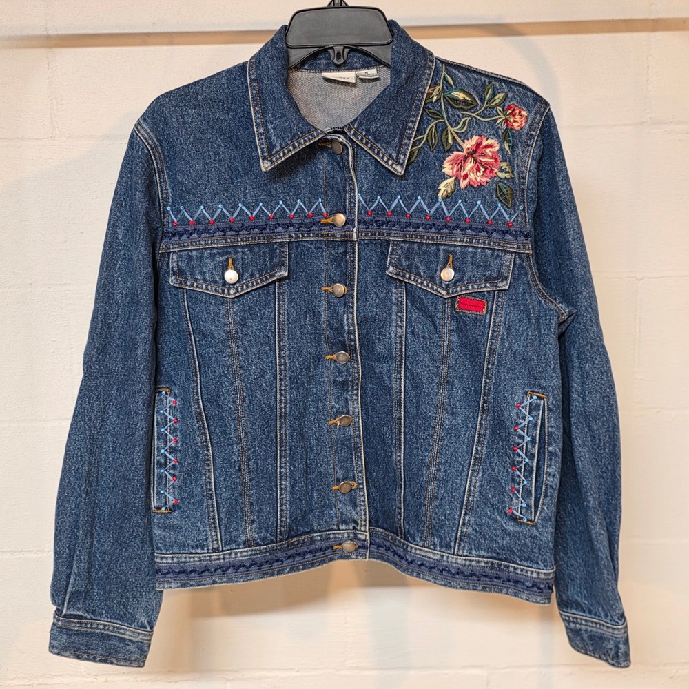Vintage 90s Together Embroidered Floral Bead Denim Jacket Med Wash Blue Women M